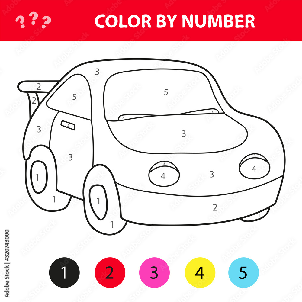 Car in cartoon style color by number education paper game for development of children coloring page kids preschool activity printable worksheet vector