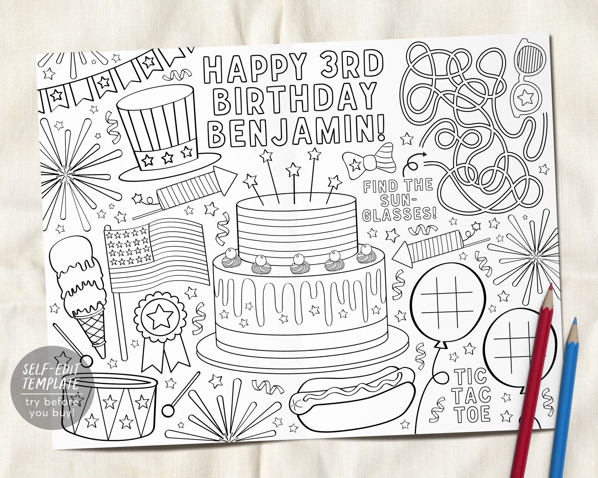 Th of july coloring placemat for kids birthday editable template ind â puff paper co