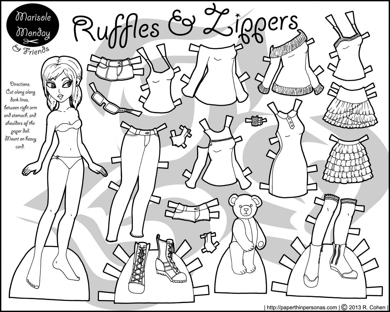 Zippers ruffles paper doll with clothes to color â paper thin personas