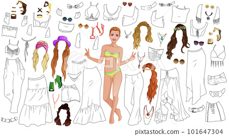 Hippie hottie coloring page paper doll with