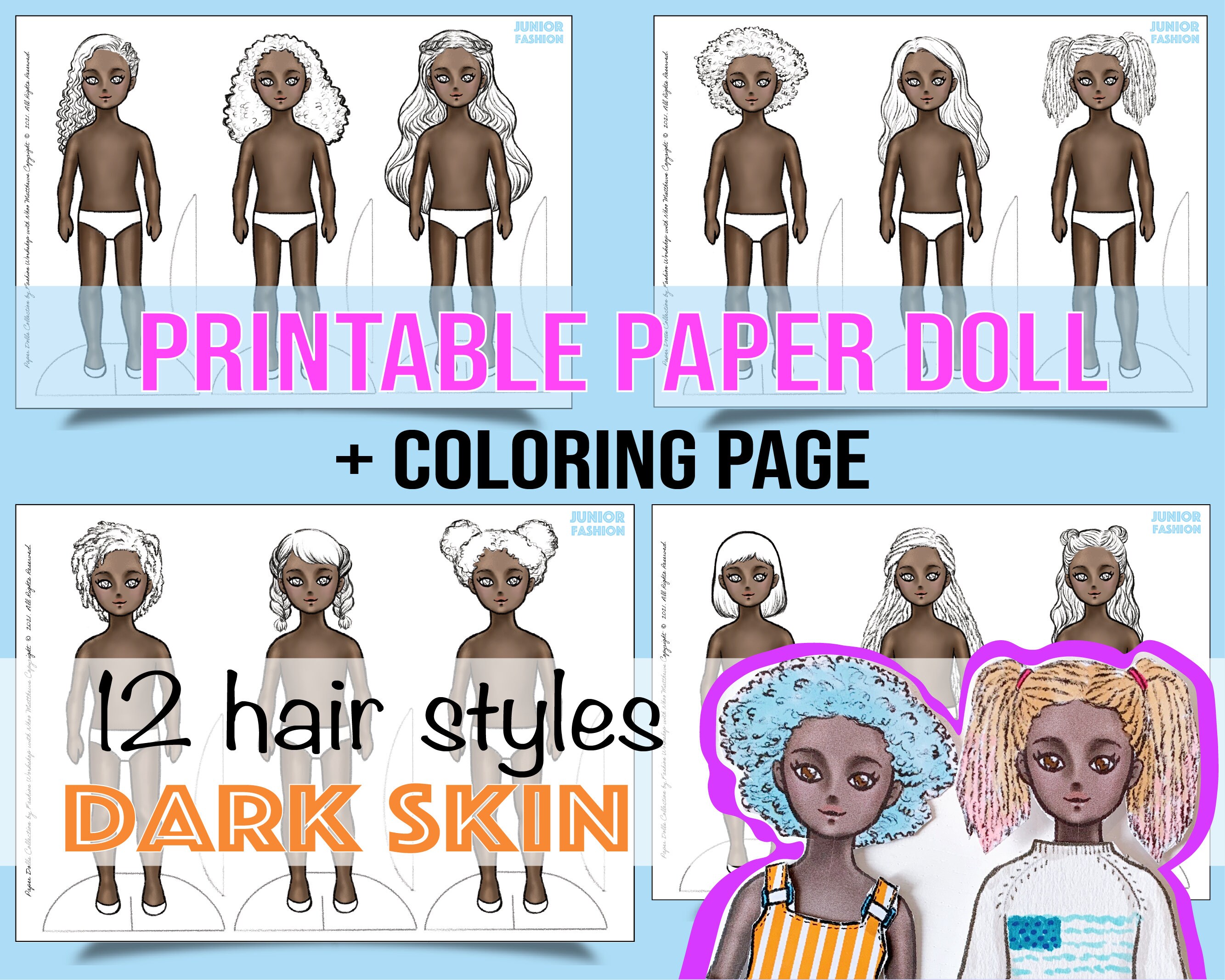 Hair styles printable paper dolls dark skin tone colored coloring pages for fashion design diy art hobby instant download jpeg files