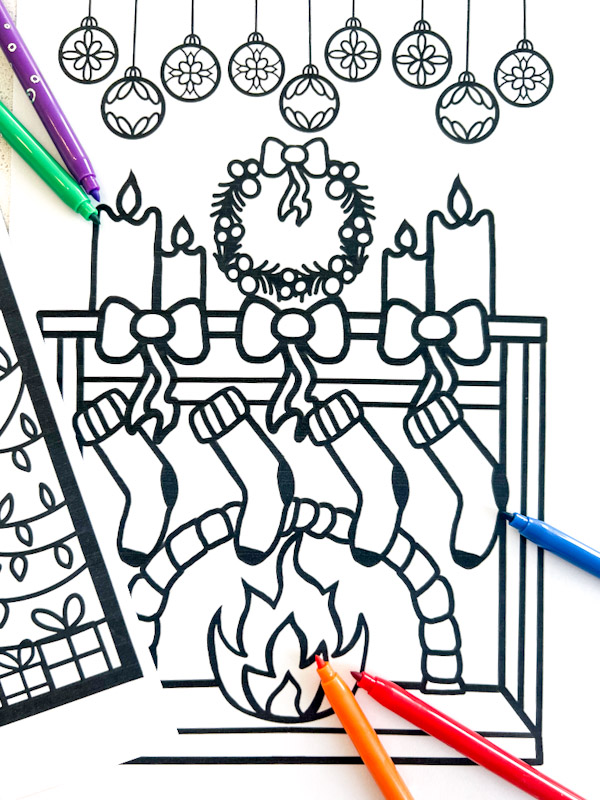 Christmas fireplace colouring pages