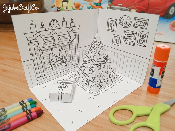 Holiday coloring page christmas tree and fireplace