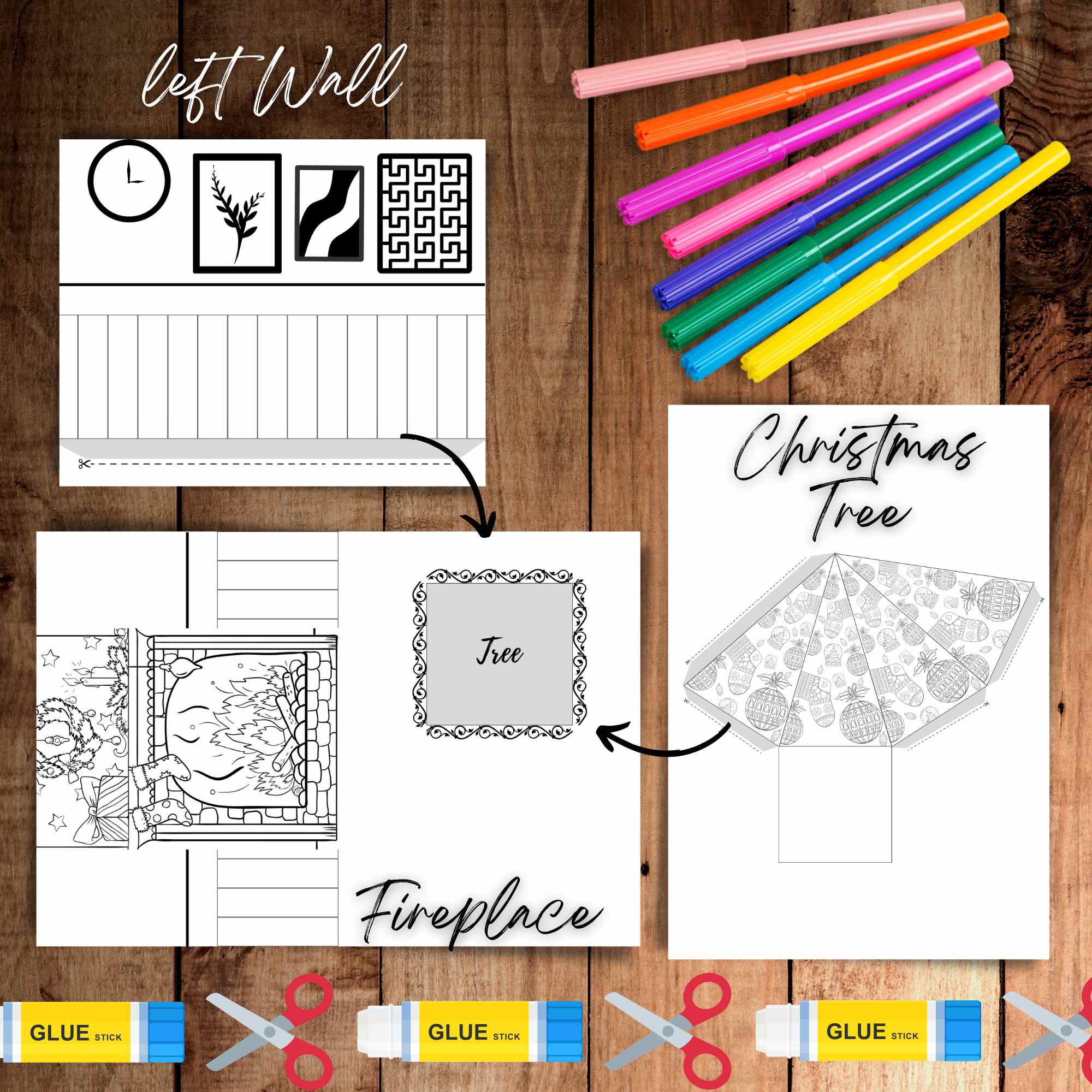 Holiday coloring page christmas tree and fireplace made by teachers
