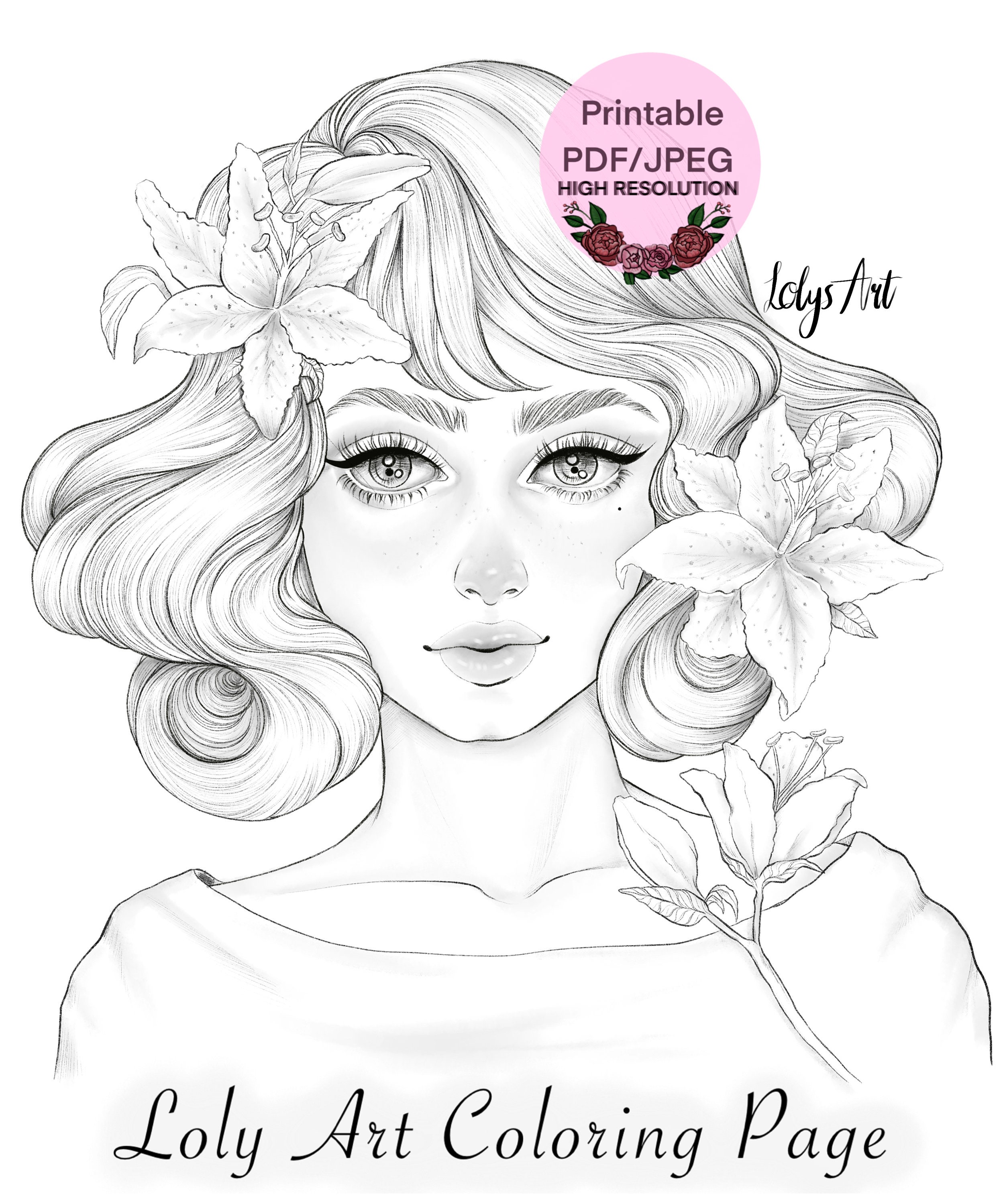 Lilies high quality printable adult coloring page black greyscale and line art