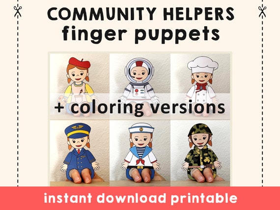 Munity helpers paper craft printable finger puppet template kids craft career day birthday party coloring puppet printable download