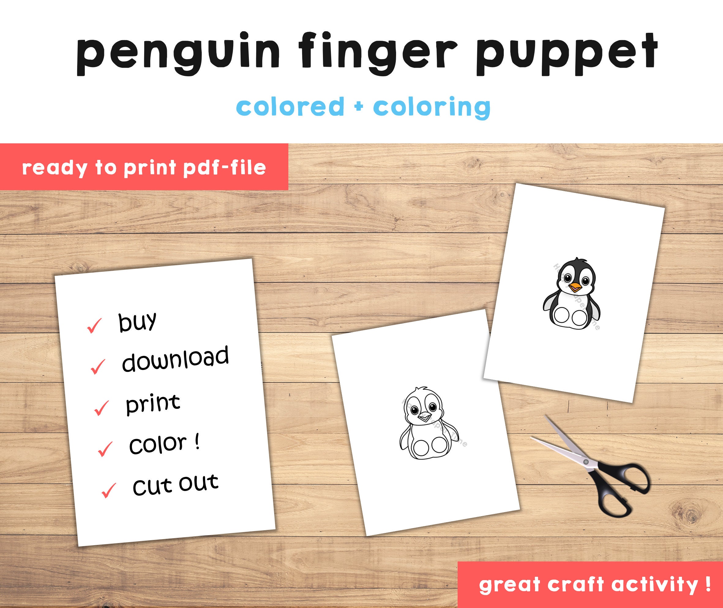 Penguin paper craft printable finger puppet template kids craft activity animal birthday party coloring paper print out instant download download now
