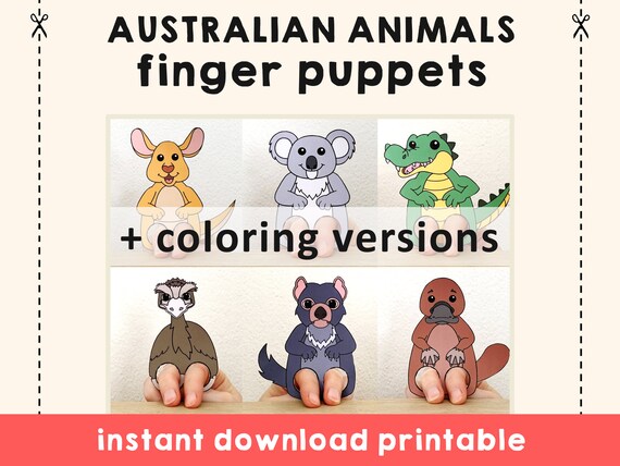 Australian animal paper craft printable finger puppet template kids craft jungle birthday party kids coloring puppet printable download