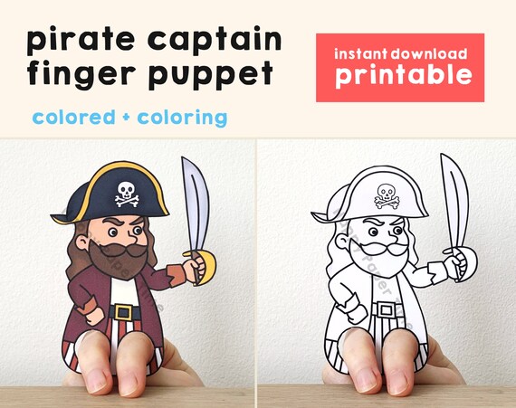 Pirate paper craft printable finger puppet template kids craft activity pirate birthday party coloring paper print out instant download