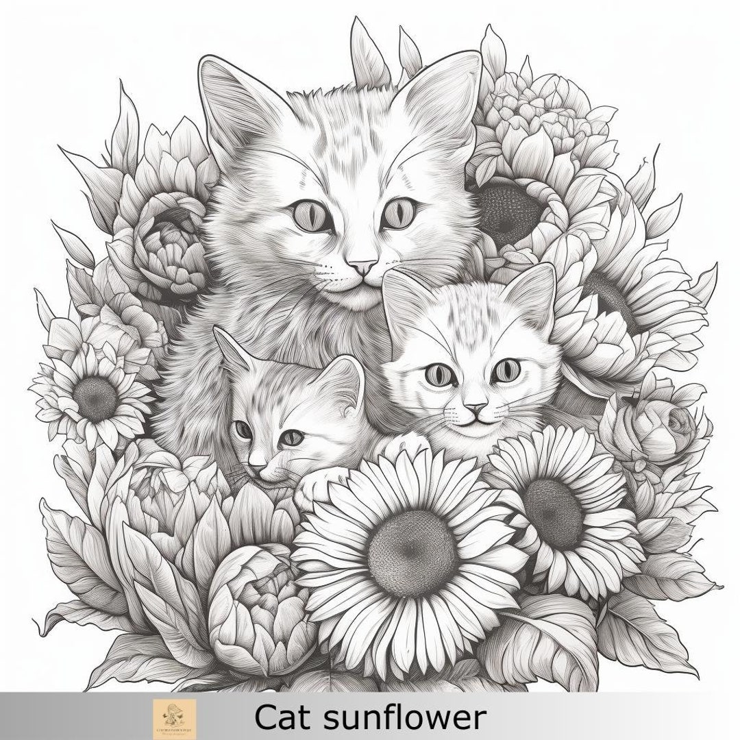 Greyscale cats sunflower printable coloring page printable adult coloring page download greyscale illustration png