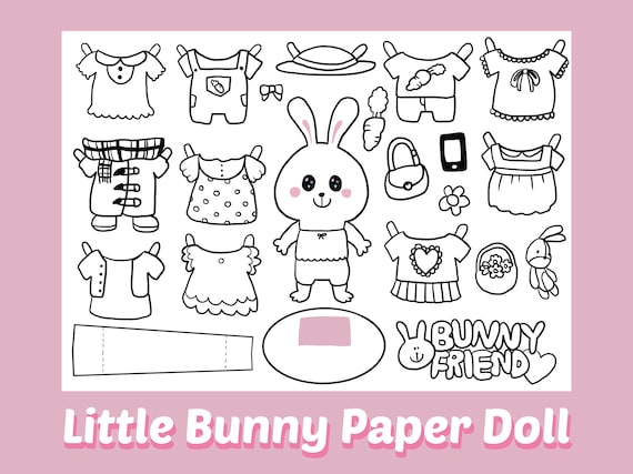 Cute bunny printable paper dolldigital downloadcoloring paper doll pdfpaper toysfun activitiesactivity sheetprintable coloring page instant download