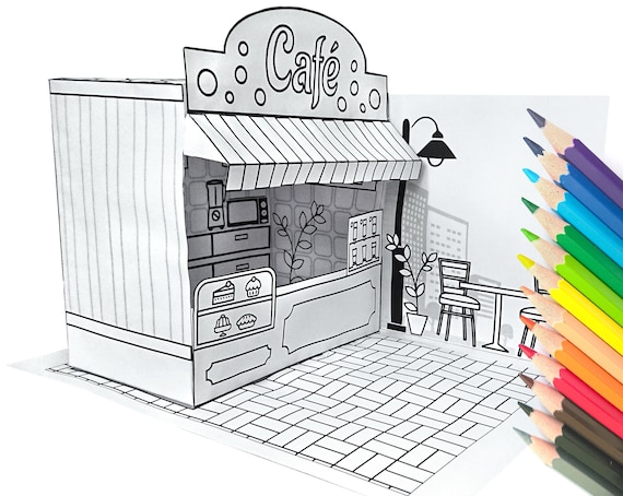 New printable kit for paper cafe toy coloring pages paper kid craft ice cream shop display with interior furniture d paper doll house pdf instant download