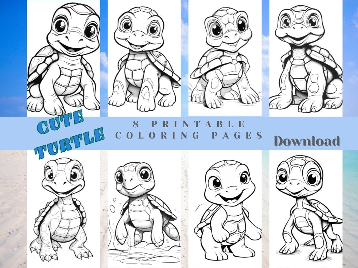 Cute turtle set of printable coloring pages for adults and kids instant digital download jpg and pdf files instant download