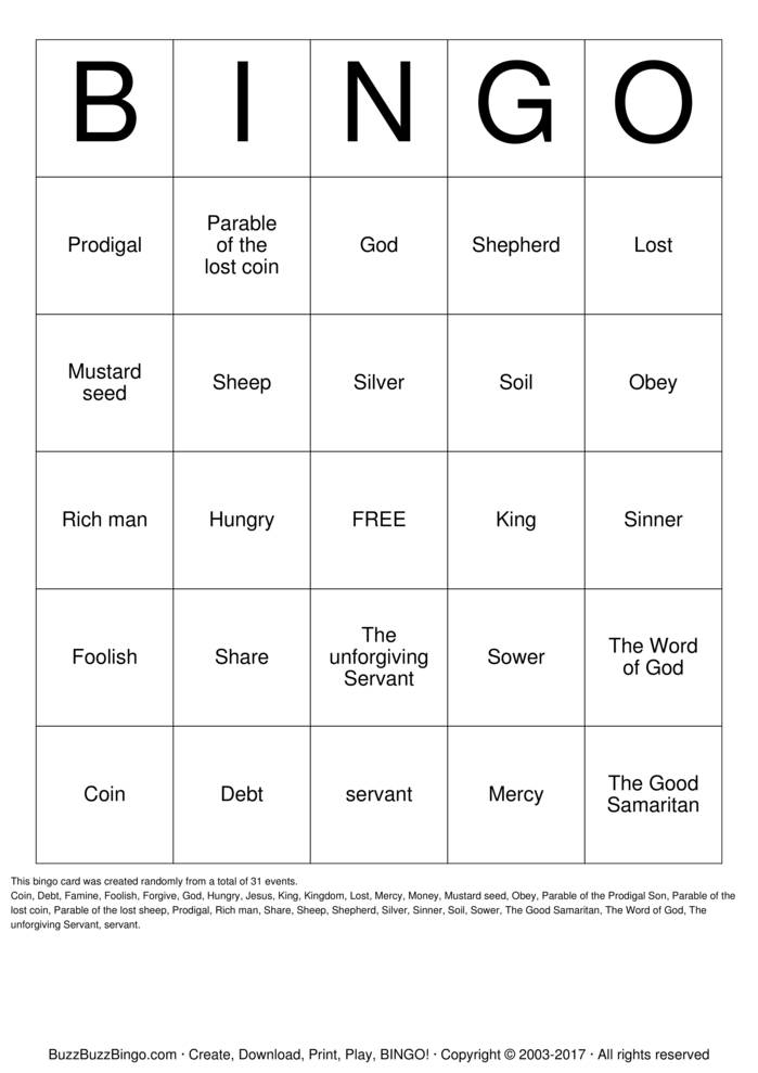 Parable of the sower bingo cards to download print and customize
