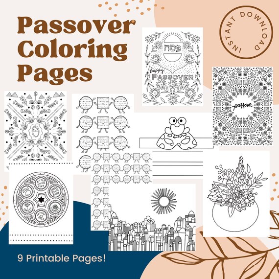 Passover coloring pages seder plate matzoh baby moses flowers jerusalem frogs headband pdf instant downloadprint at home