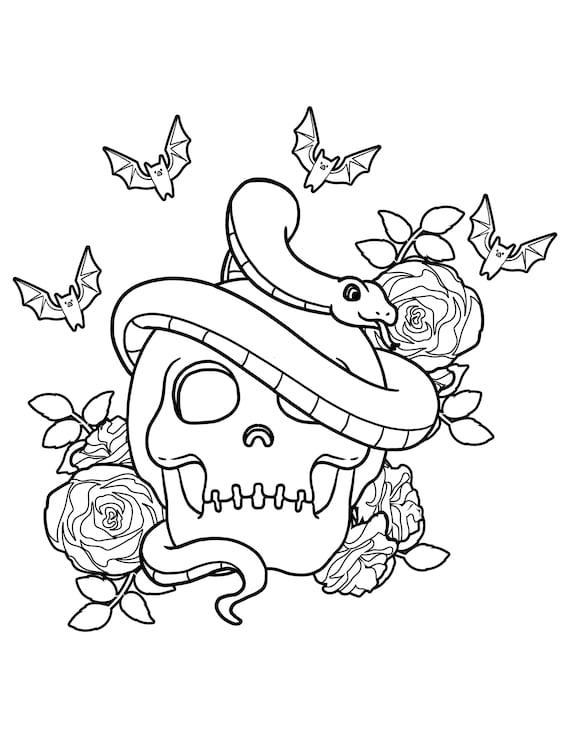 Pastel goth coloring pages snake skull and rose digital download creepy kawaii printable pdf instant download