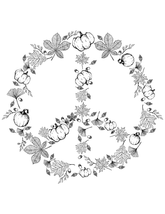 Peace sign printable pdf fall autumn digital download leaf art vintage peace sign hippie coloring page instant download