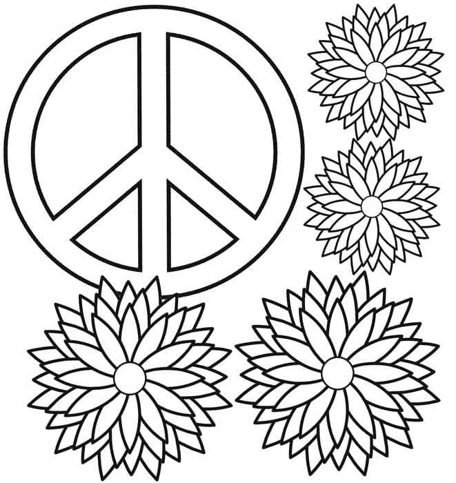 Peace sign and flowers coloring page