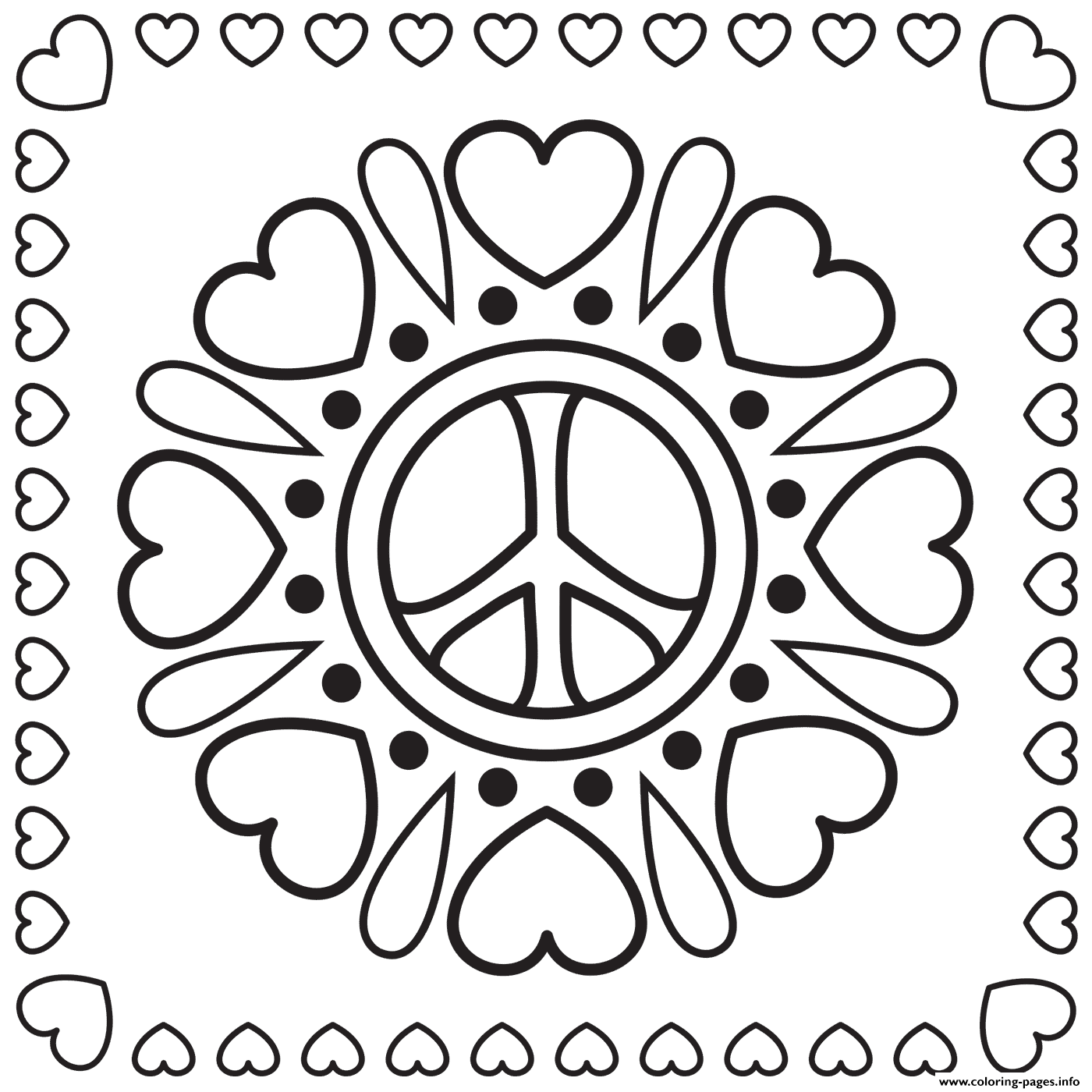 Hearts and peace signs coloring page printable