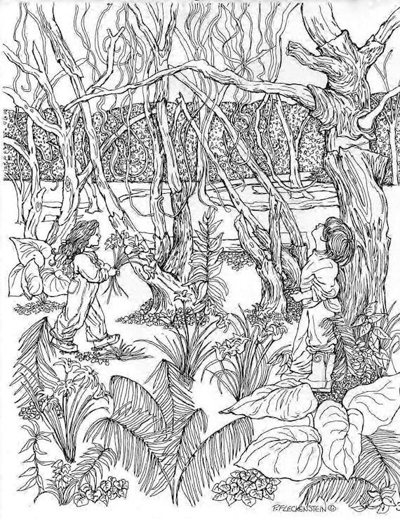 Coloring page pen and ink drawing to print diy and color nostalgic vintage childhood children playing outdoors nature landscape trees