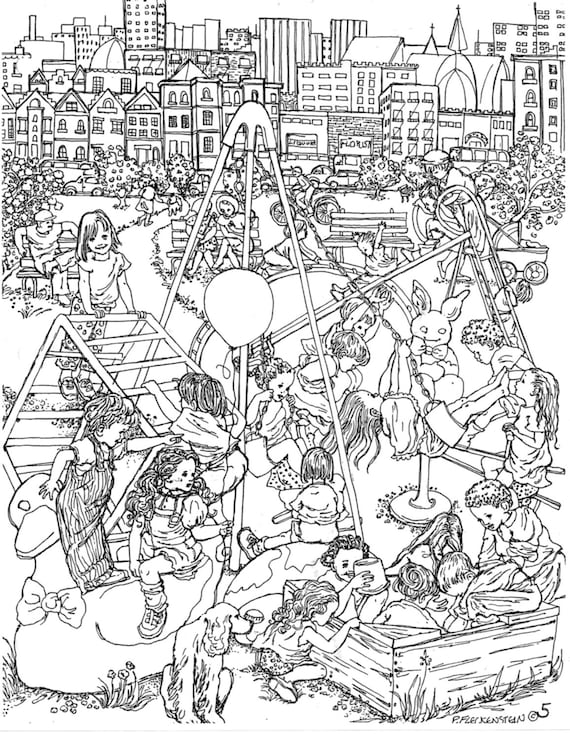 Coloring page pen and ink drawing to print diy and color nostalgic vintage childhood friends children playing outdoors on a playground