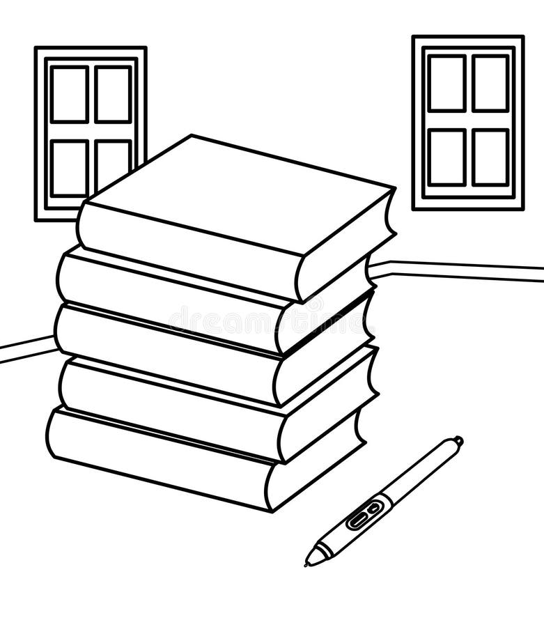 Books and a pen coloring page stock illustration