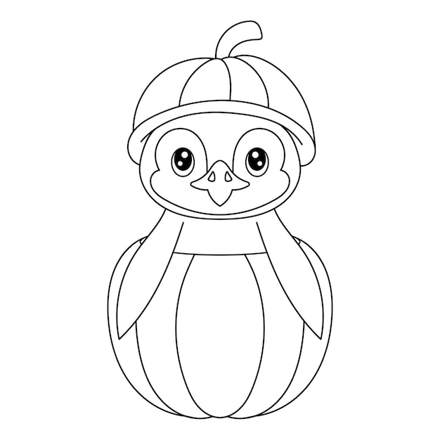 Premium vector a penguin in the pumpkin coloring book coloring page black and white illustration happy halloween