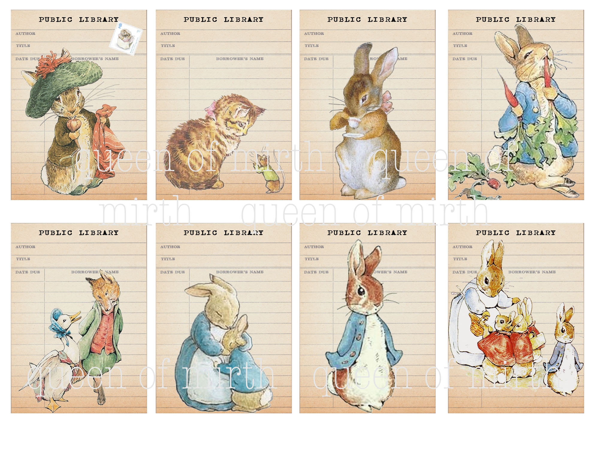 Peter rabbit friends library cards beatrix potter water color printable junk journal digital download collage sheet scrapbook
