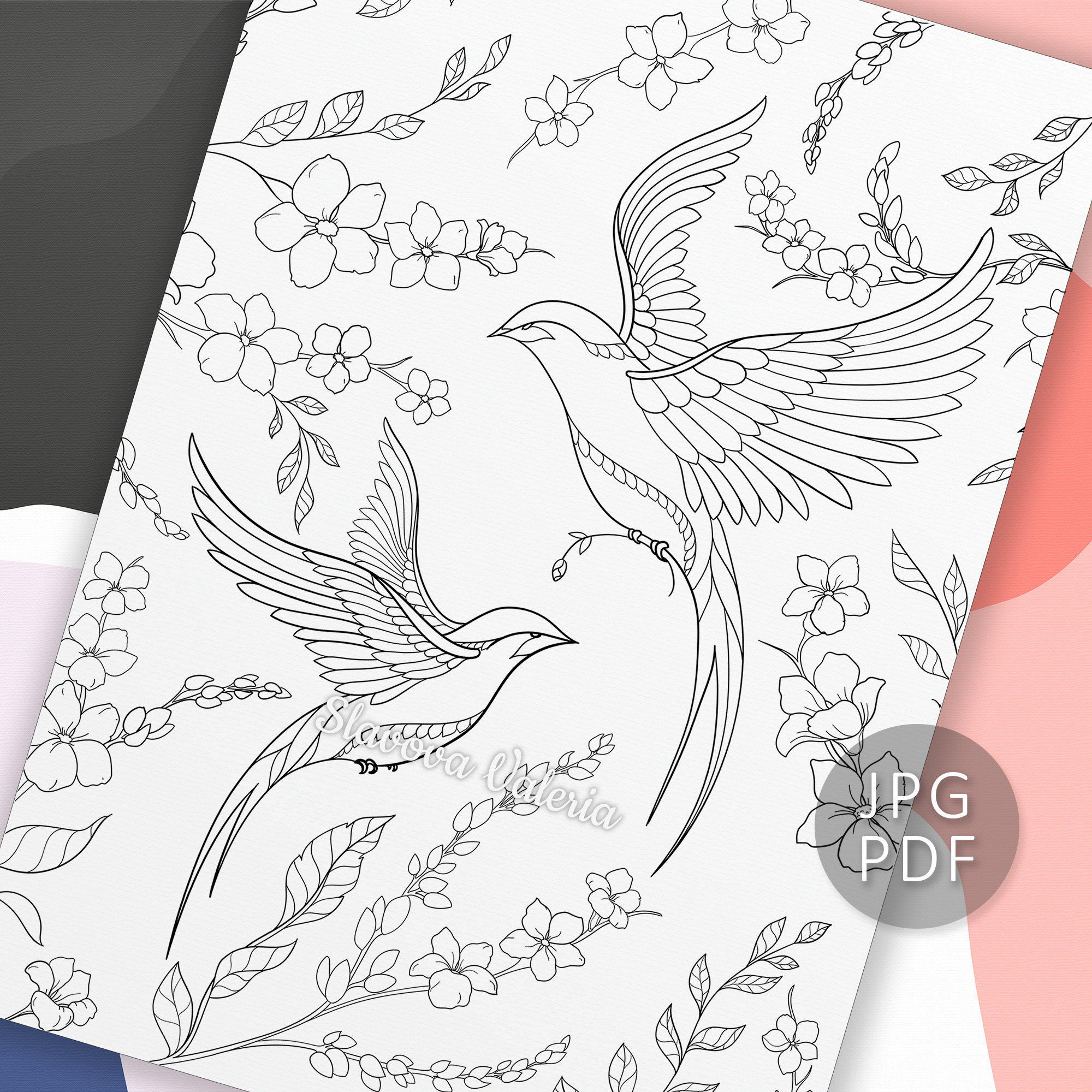 Two birds in flowers printable coloring page adult coloring book pages by valeria slavova