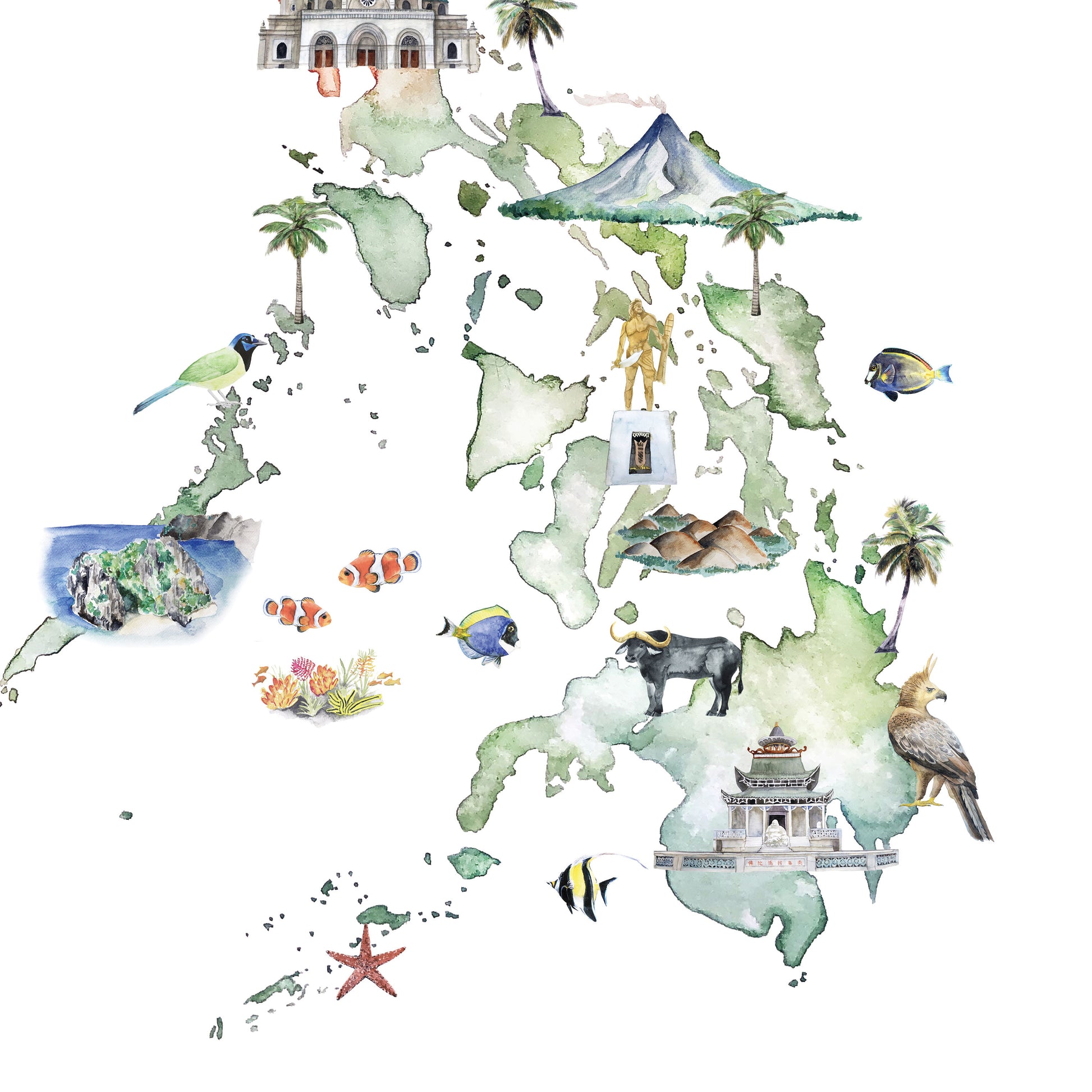 Philippines illustrated map art print featuring illustrations of famous philippines landmarks plants and animals illustrated decor for nursery office kitchen or living room buy illustrated philippines map wall art
