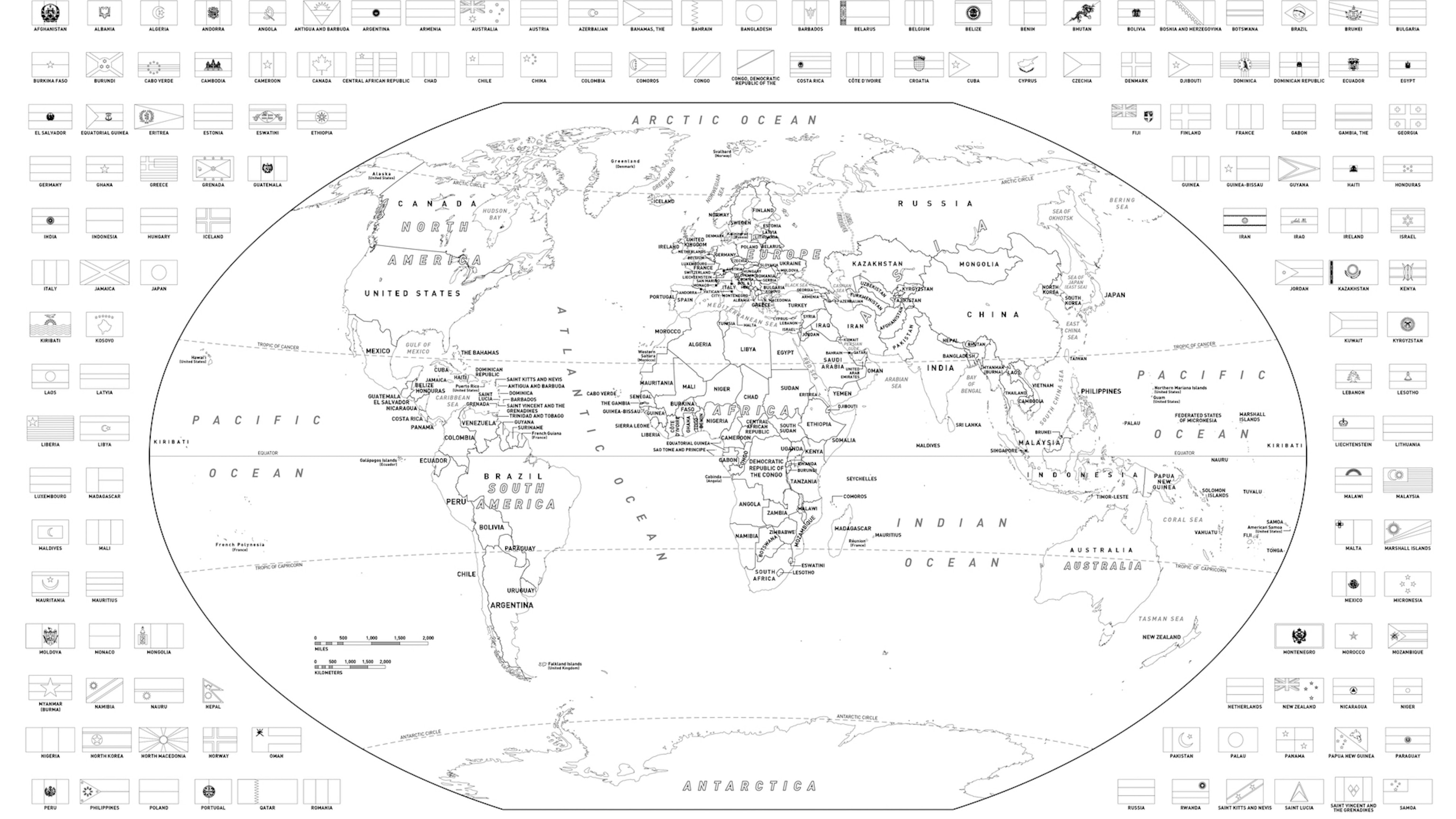 Download and color a free world or united states map with flags
