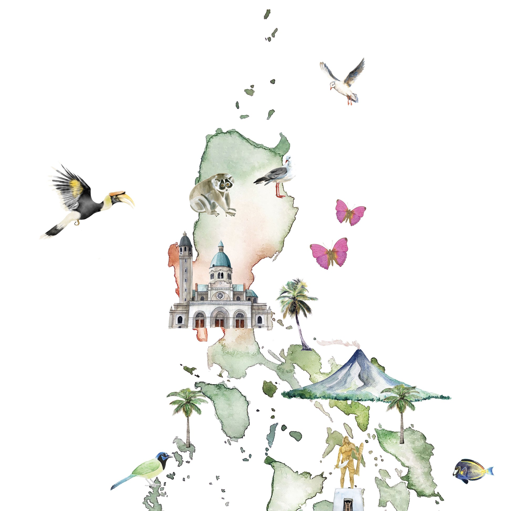 Philippines illustrated map art print featuring illustrations of famous philippines landmarks plants and animals illustrated decor for nursery office kitchen or living room buy illustrated philippines map wall art