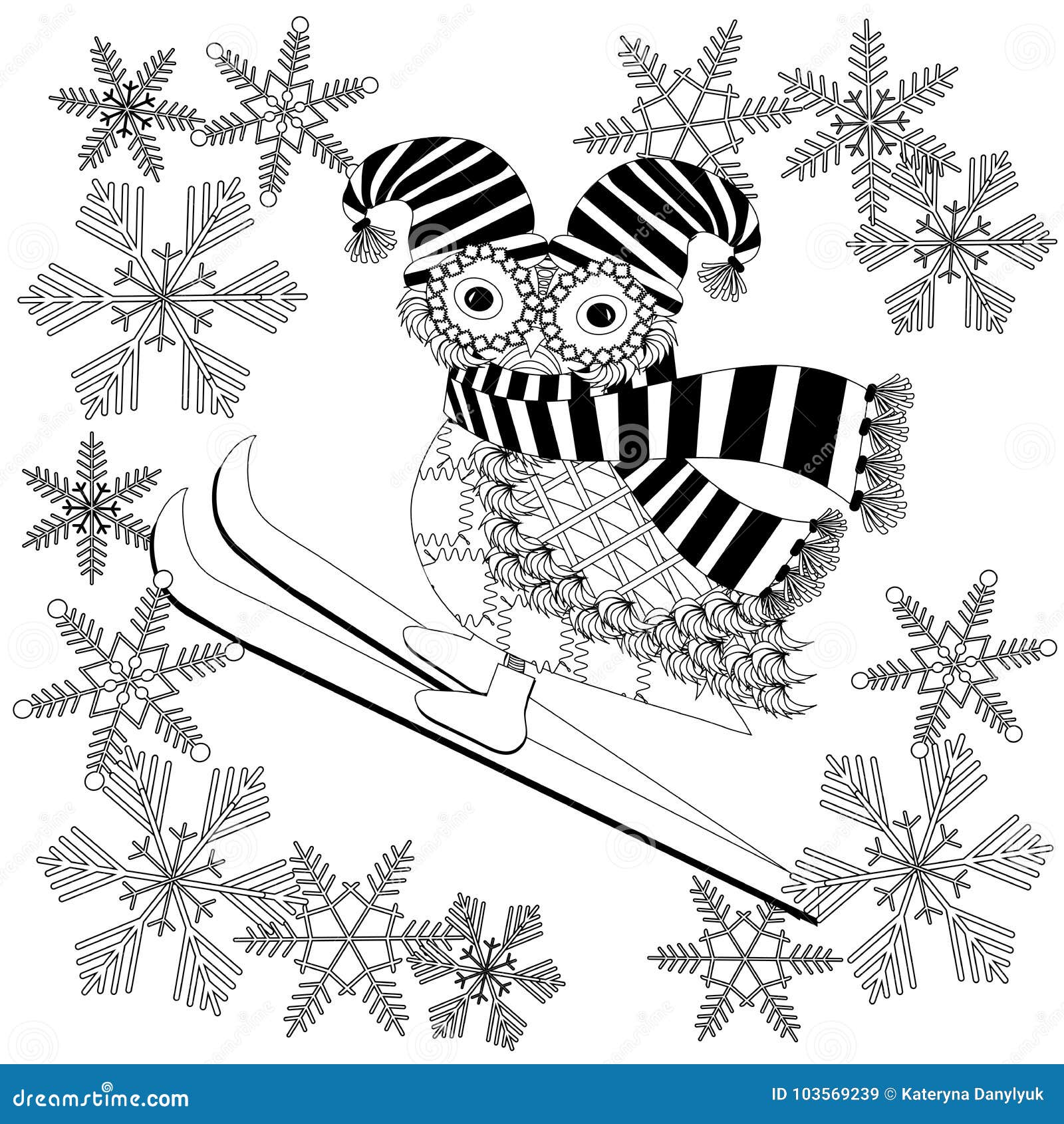 Monochrome cartoon owl in striped scarf hat skiing in snowflex frame for coloring page anti stress stock vector