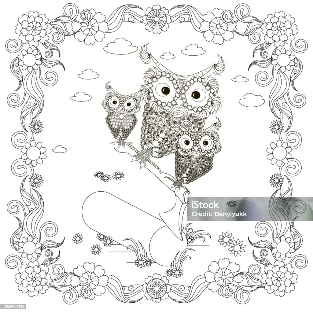 Owl on ax in deck in floral frame coloring page cut cartoons monochrome forest bird art design elements stock vector illustration for web for print for adult coloring book stock illustration