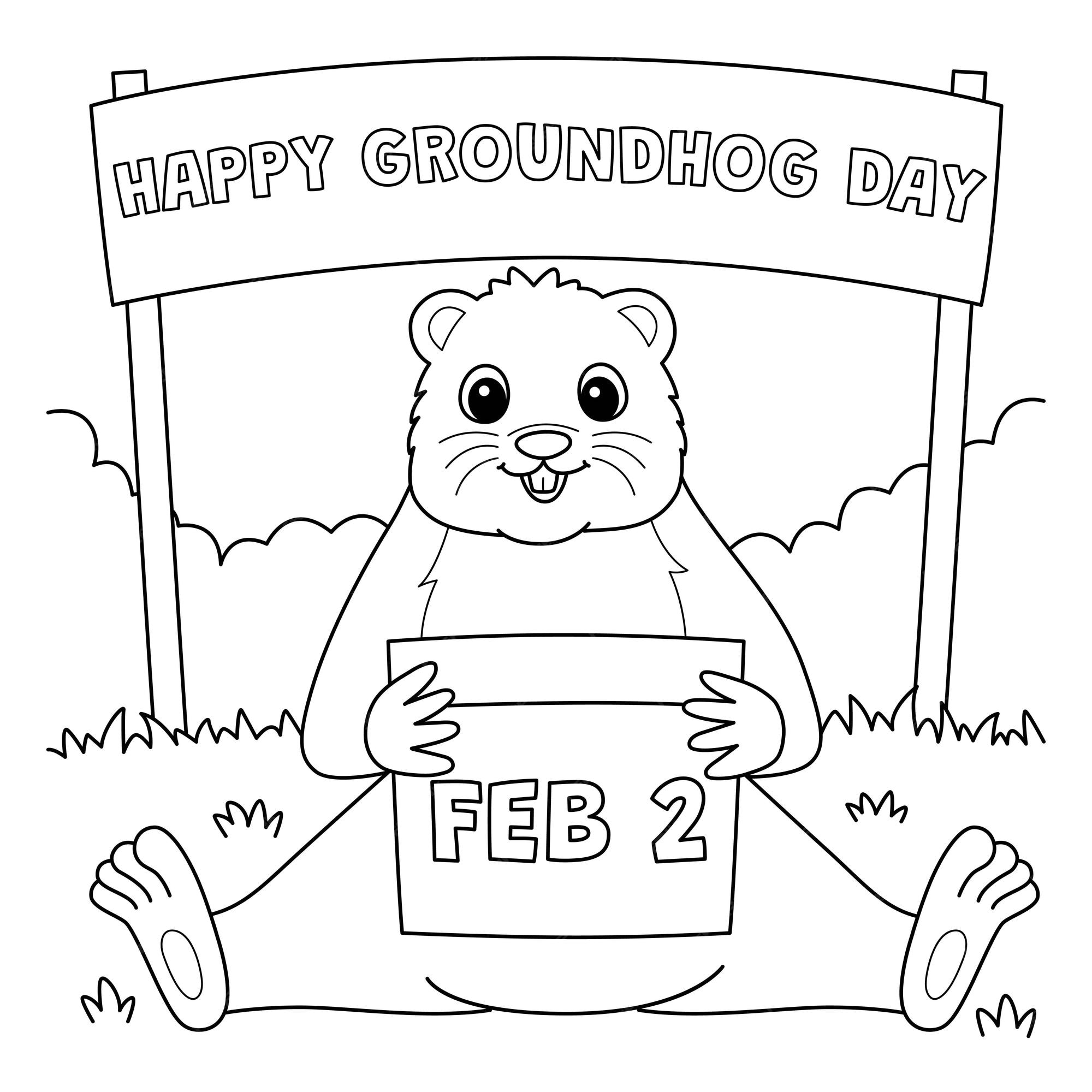 Premium vector groundhog holding calendar coloring page for kids