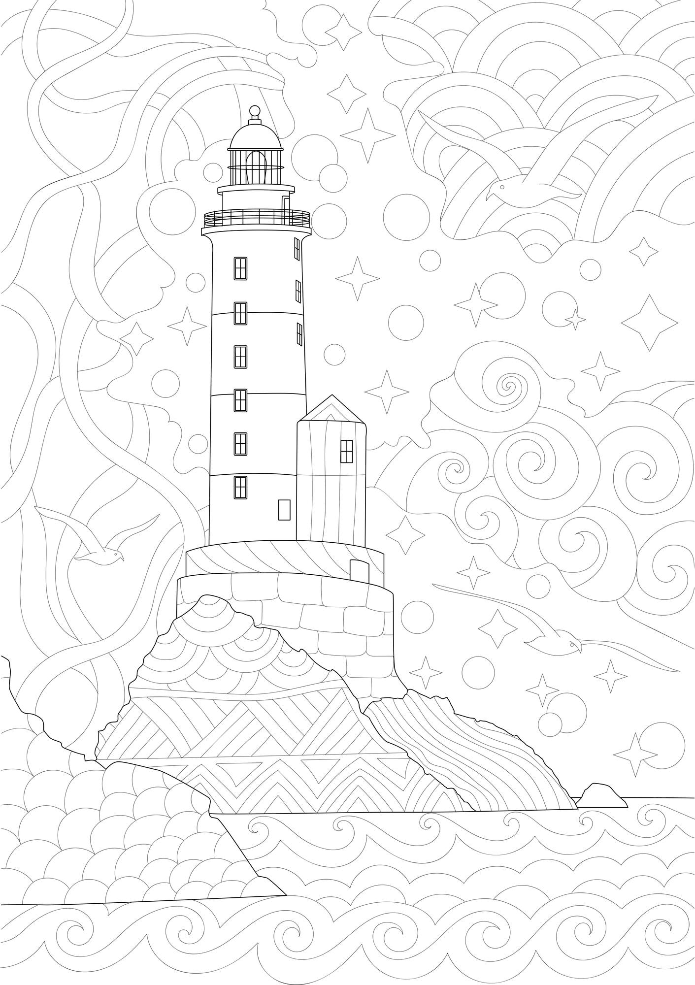 Premium vector lighthouse coloring book page for adults or children coloring pictures of light house among rocks
