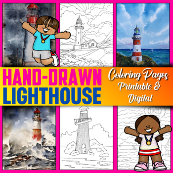 Hand drawn lighthouse coloring pages printable digital coloring book