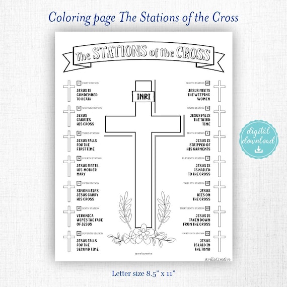 The stations of the cross coloring page instant download printable stations of the cross lent season catholic prayer kids coloring page
