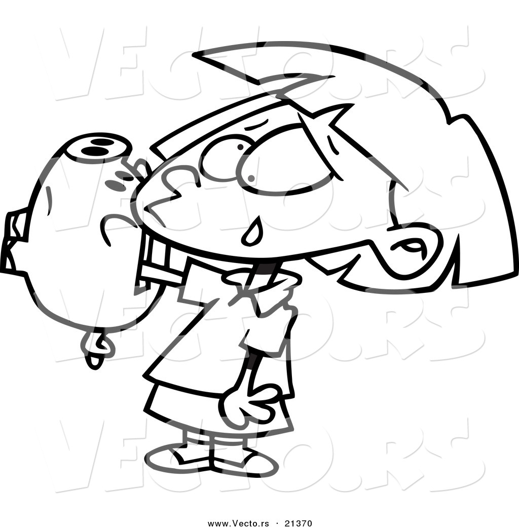 R of a cartoon girl with her hand stuck in a piggy bank