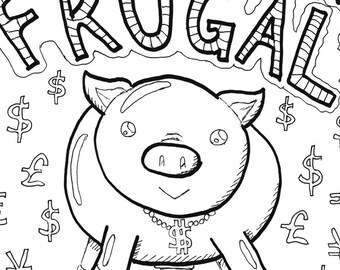Coloring page printable piggy bank with dollar signs