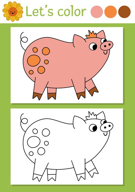 Premium vector on the farm coloring page for children with pig vector rural country outline illustration with cute farm animal color book for kids with colored example drawing skills printable worksheetxa