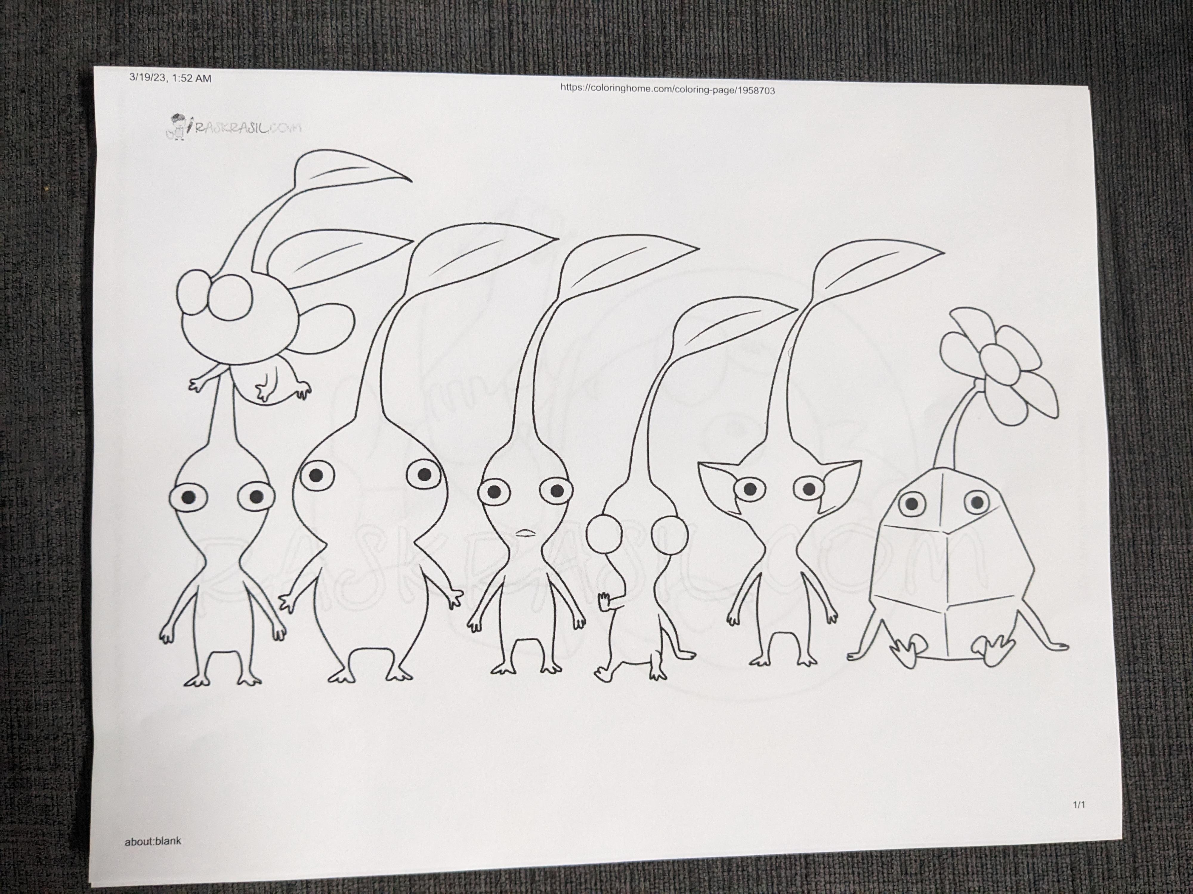 My mom printed out some pikmin colouring pages for me to do and im losing my mind with this bald purple pikmin ðalso wheres the reds nose rpikmin