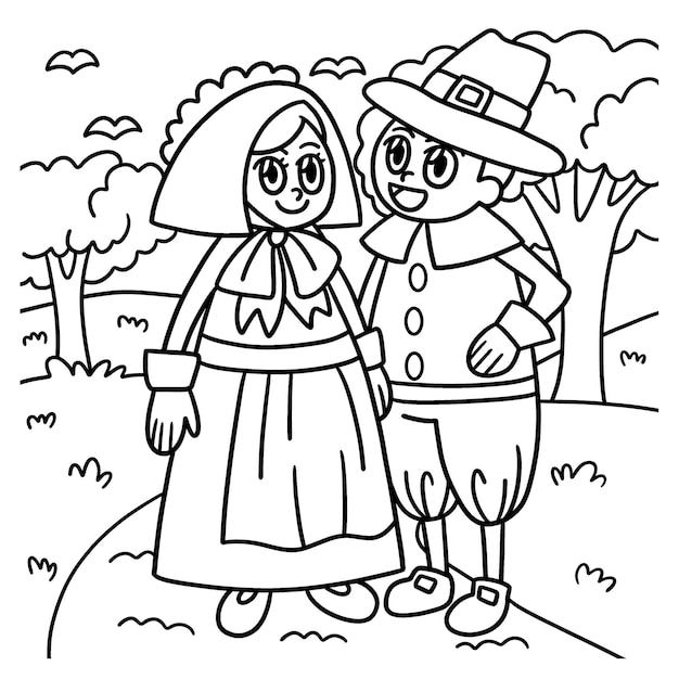 Premium vector thanksgiving pilgrim couple coloring page for kids