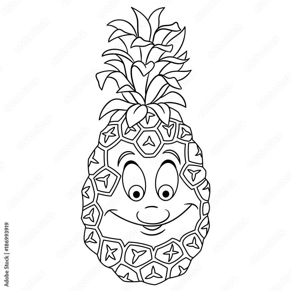 Coloring book coloring page cartoon pineapple character happy fruit symbol food icon freehand sketch drawing design element for kids t