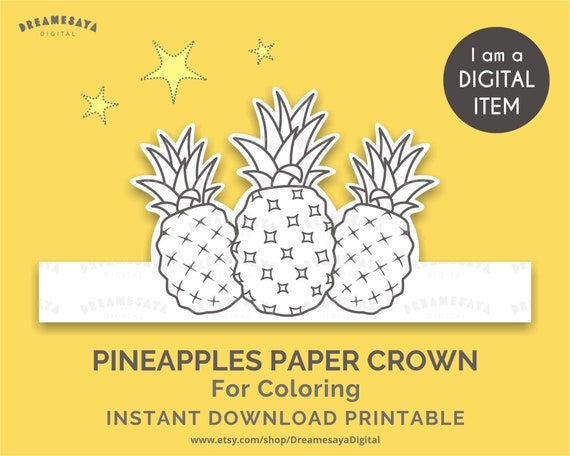 Pineapple coloring page jpg download whimsical fruit paper crown black and white outlines to color diy tropical theme party favor