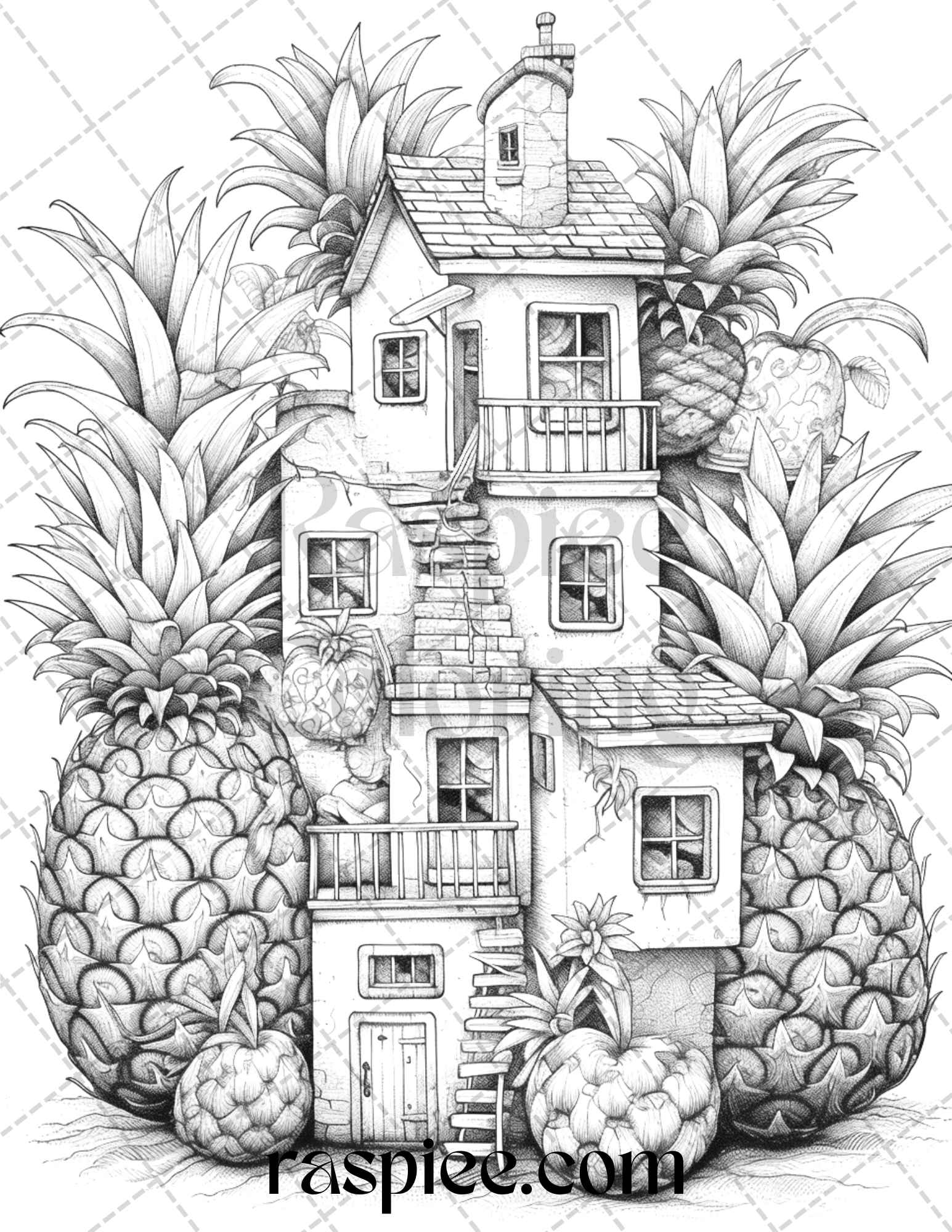Pineapple houses grayscale coloring pages printable for adults pdf â coloring