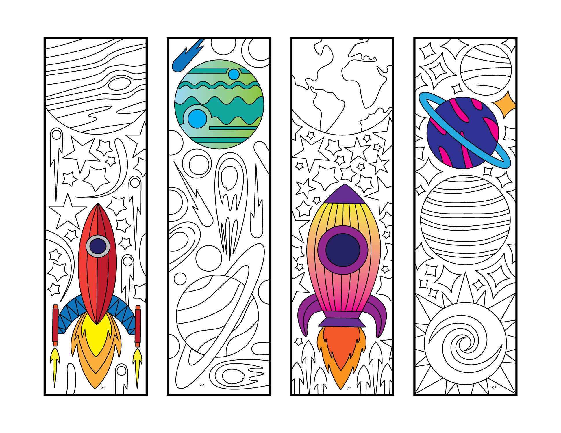 Spaceships planets stars galaxy bookmarks â pdf zentangle coloring page â scribble stitch