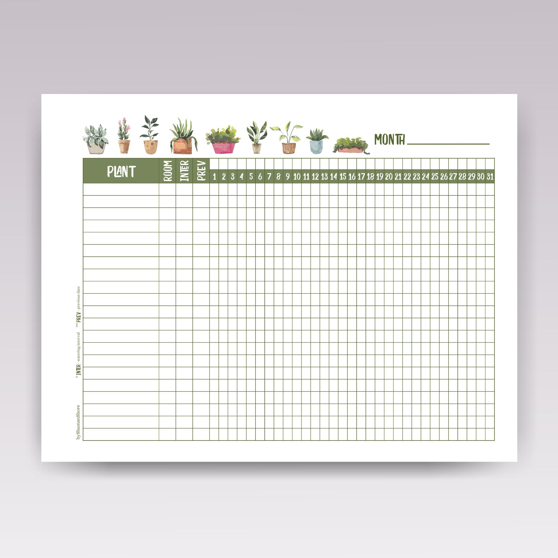 Printable plant watering schedule template pdf calendar