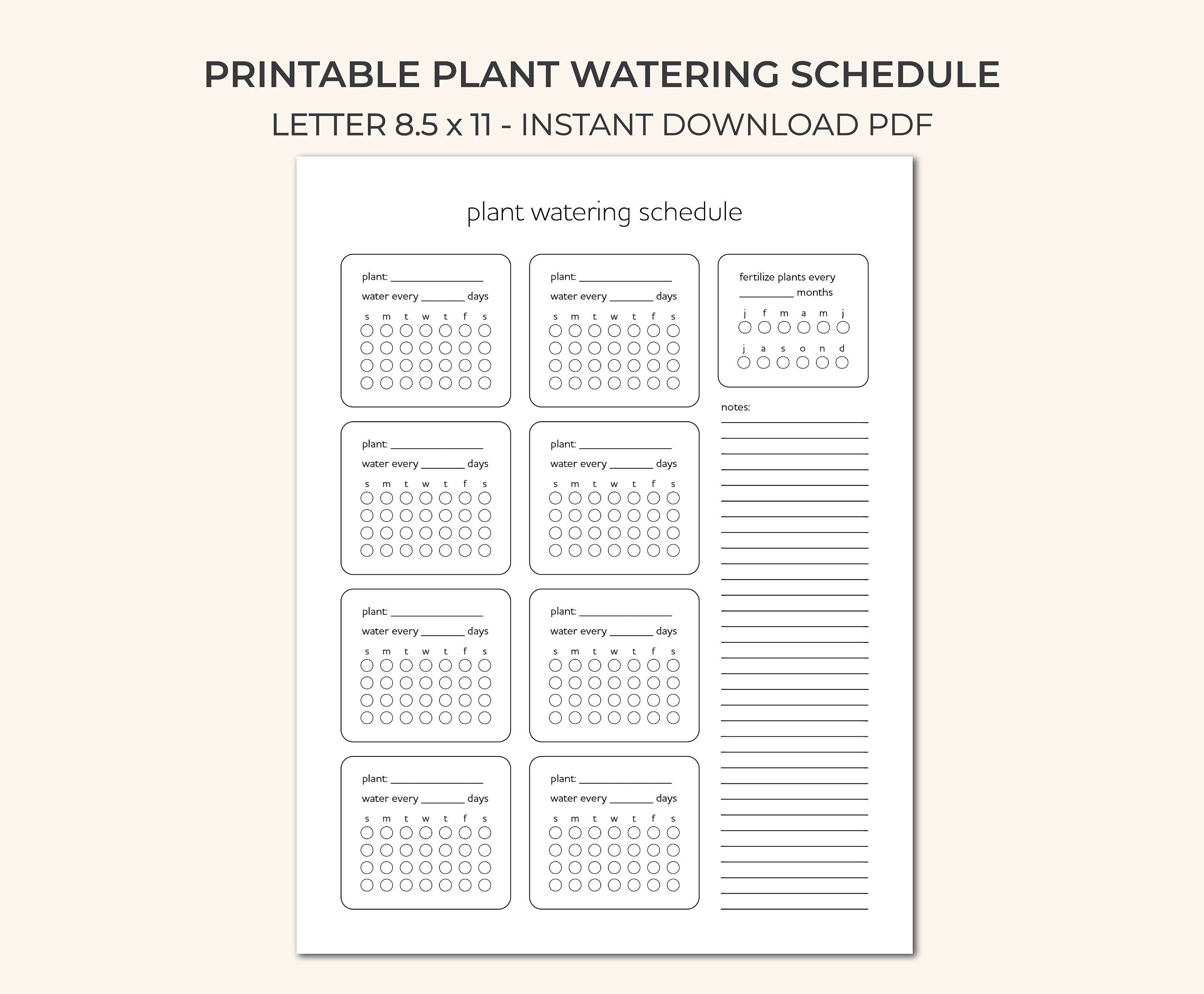 Printable plant watering schedule planner instant download pdf potted indoor houseplant page calendar organizer tracker fertilizer home download now