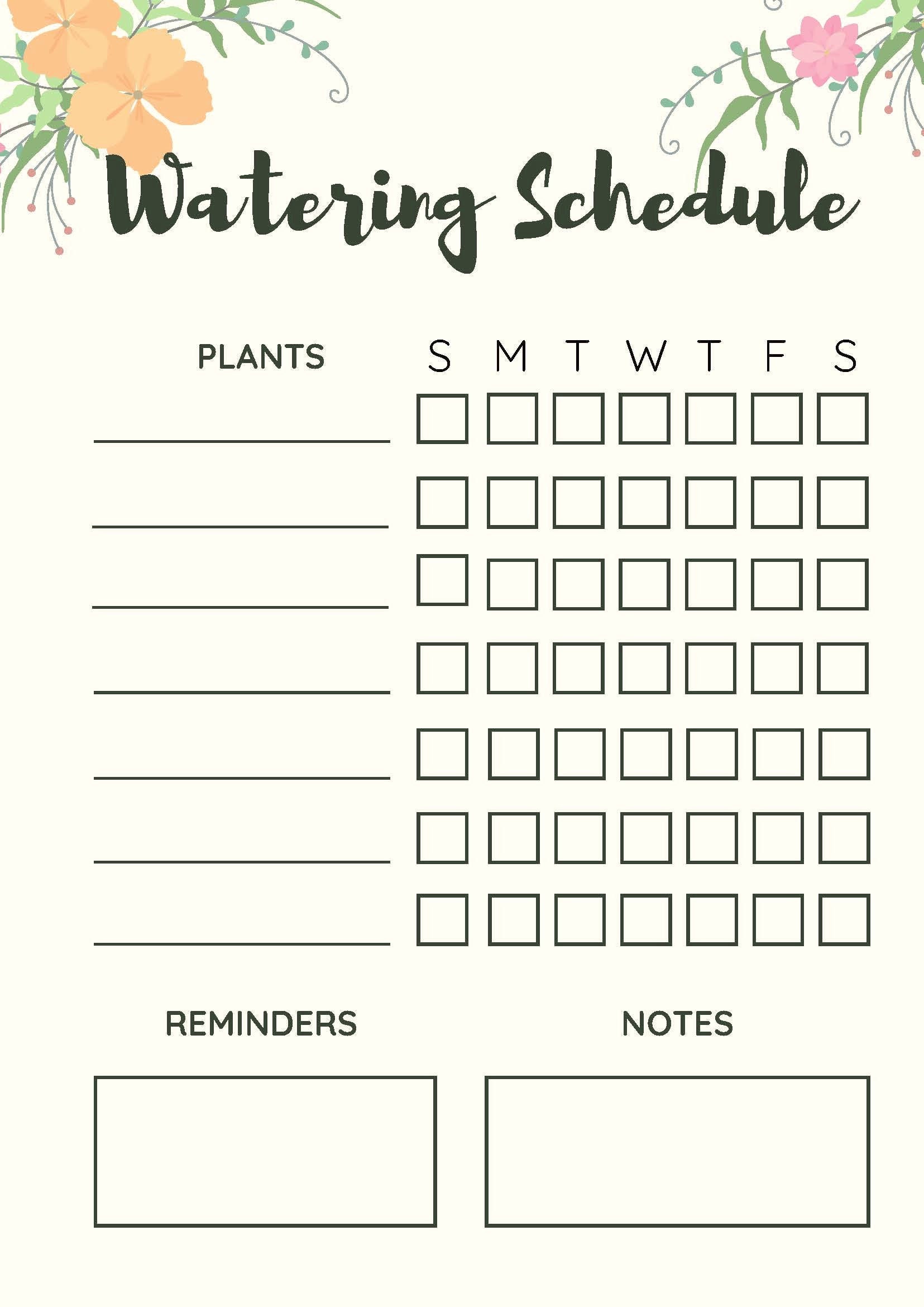 Printable plant watering schedule chart instant download
